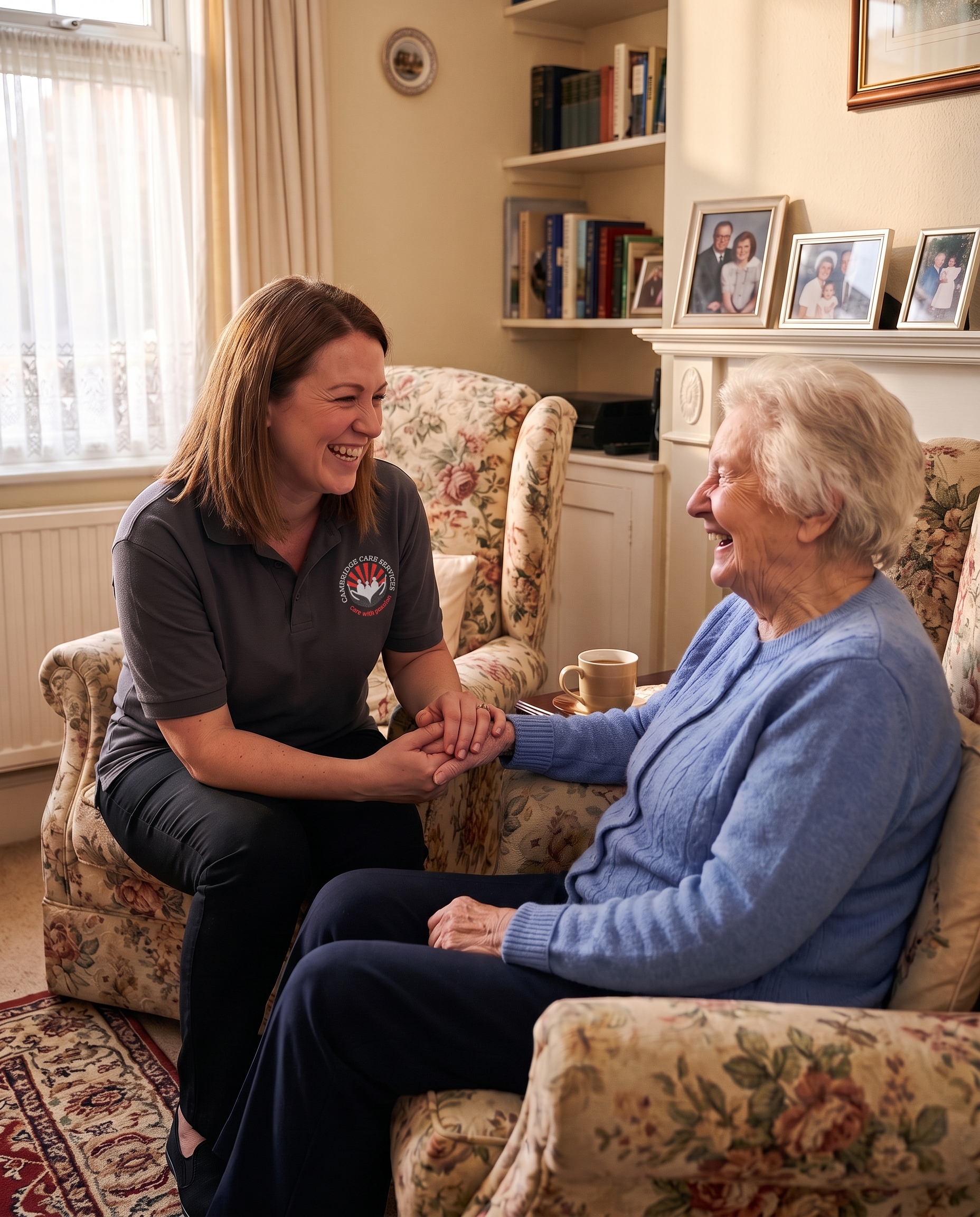 Cambridge Care Services carer in a charcoal grey branded uniform holding hands and sharing a laugh with an elderly woman in her sitting room in Cambridge